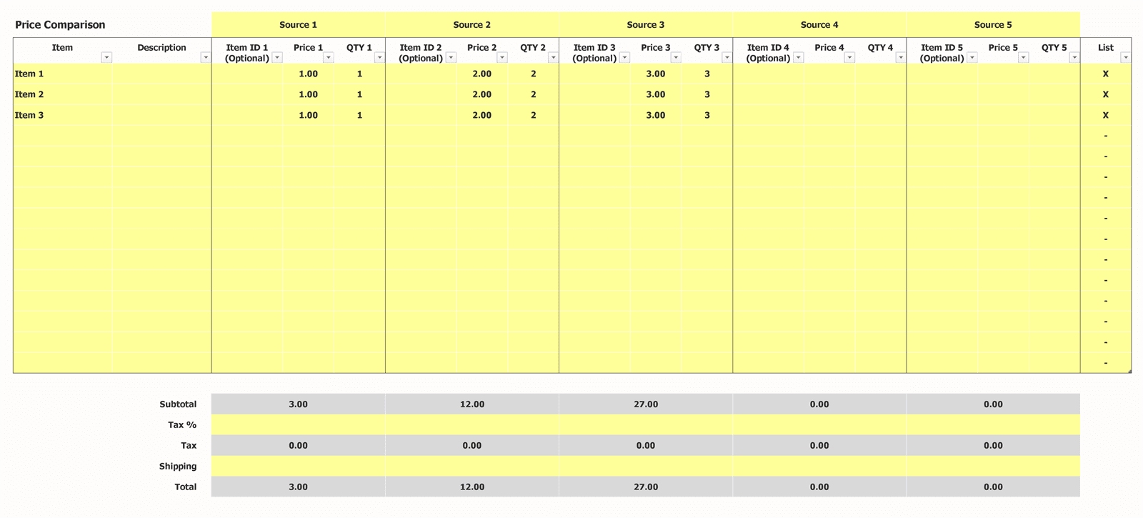 Comparison Table Excel Price Inputs